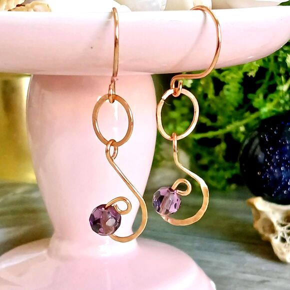 Boho Chic Purple Glass Beaded Dangle Earrings, Hammered Copper Jewelry 2" - Picture 3 of 6